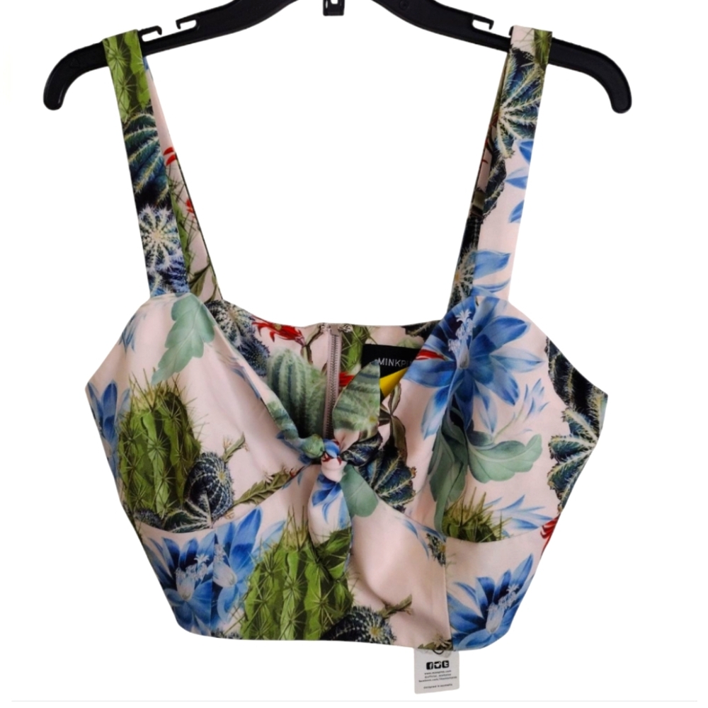 MinkPink Such A Prick Cactus Print Tie Front Crop Top Size Large